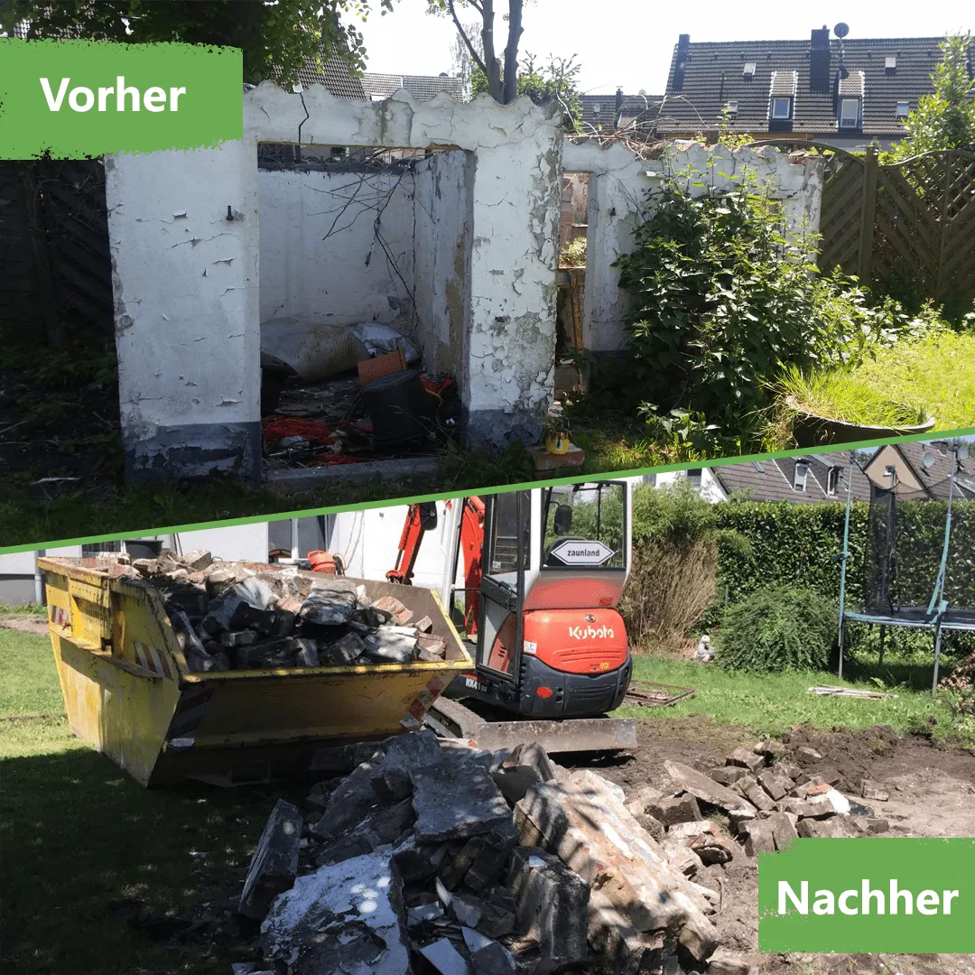 Abbruch eines Gebäudes mit Bagger und Greifer – freigelegtes Mauerwerk