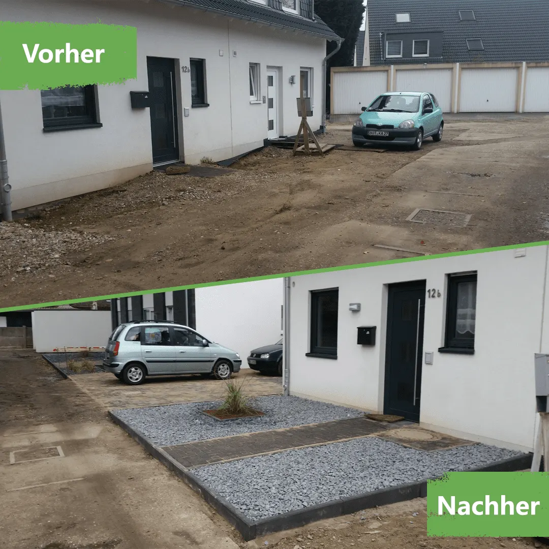 Vorher-Nachher-Vergleich eines Vorgartens: vom Rohboden zu Zierkies, Trittsteinen und Randsteinfassung