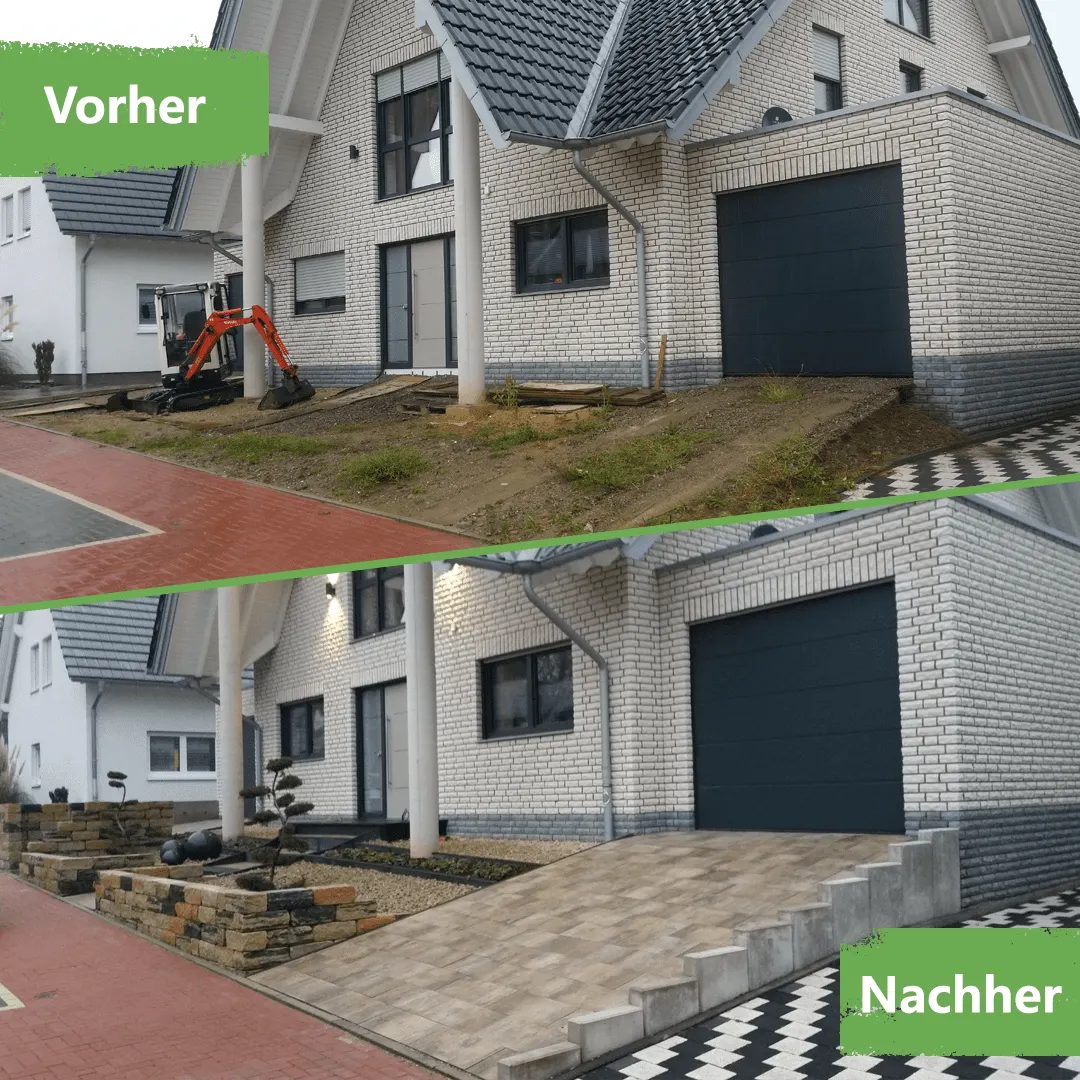 Vorher-Nachher-Vergleich einer Hofzufahrt: neu gepflastert, mit Treppenanlage und Natursteinmauer