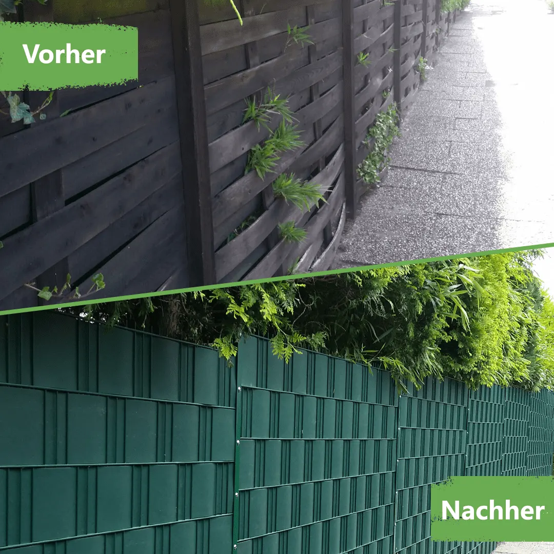 Grüner Sichtschutzzaun mit strukturierter Lamellenoptik vor einer Hecke